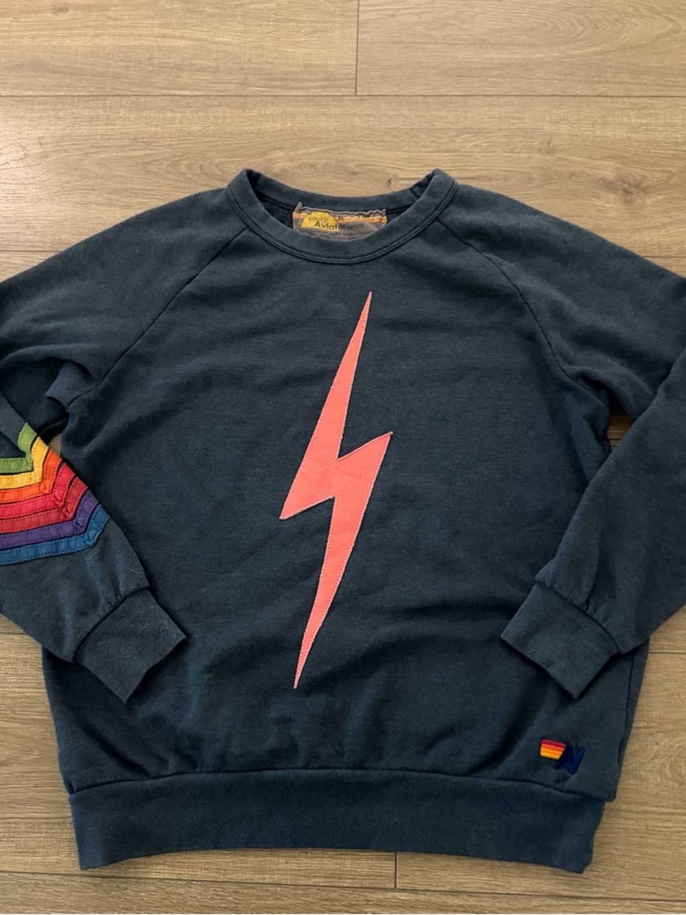 Aviator Nation Charcoal Sweatshirt with Coral Lightning Bolt & Rainbow Sleeve - Picture 5 of 12